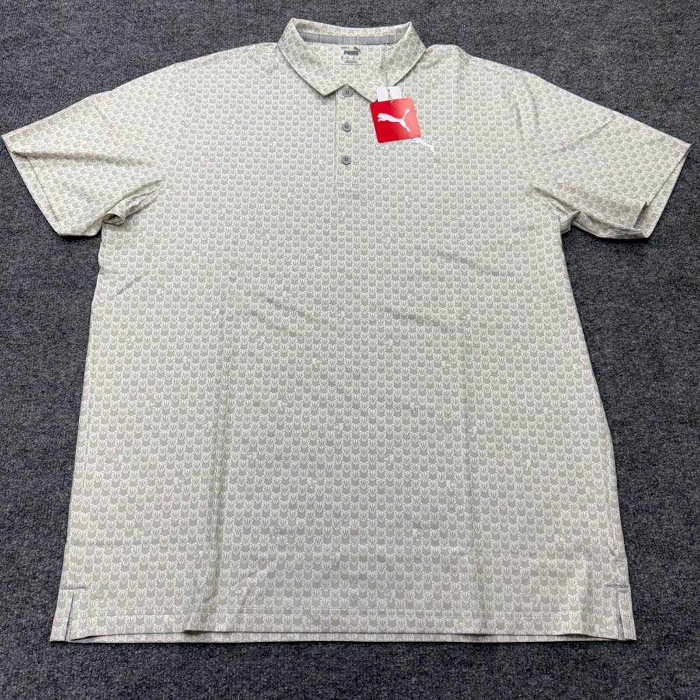 Puma Golf Mens XL Tan White Geometric Cat Head Print Polo Shirt Short Sleeve NEW